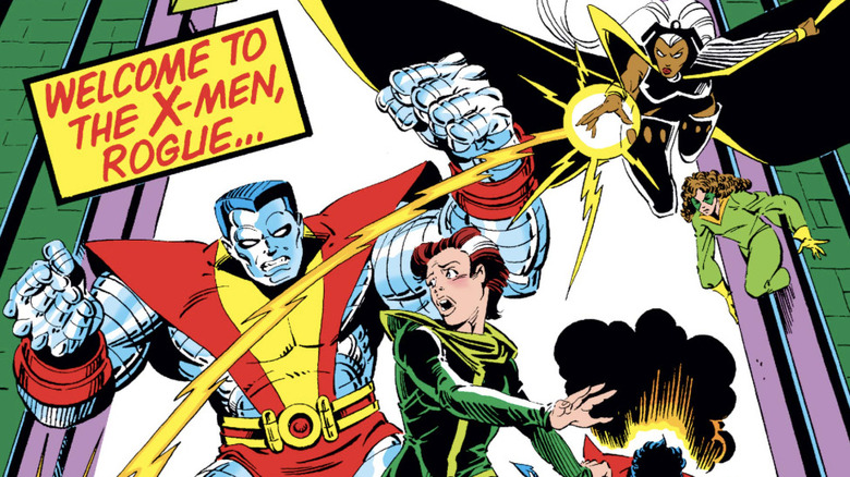 అన్‌కానీ ఎక్స్-మెన్ #171 కవర్ - కోలోసస్, స్టార్మ్, కిట్టి ప్రైడ్ మరియు నైట్‌క్రాలర్ రోగ్‌ని వెంబడిస్తున్నారు