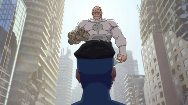 Invincible Conquest looking down on Invincible in ruined Chicago