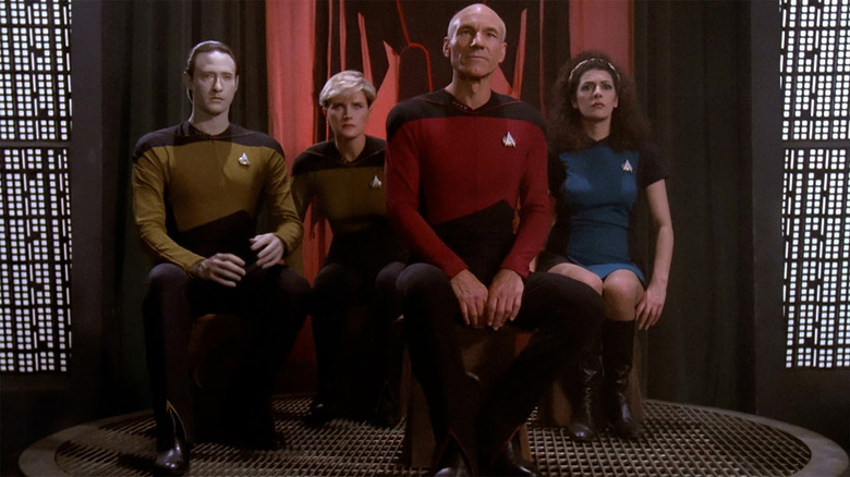 Brent Spiner, Denise Crosby, Patrick Stewart, and Marina Sirtis in Star Trek: The Next Generation 