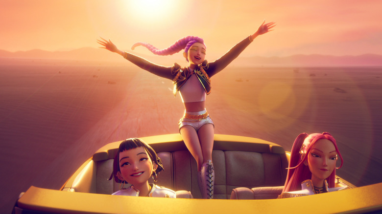 HUNTR/X riding in an open top car in KPop Demon Hunters