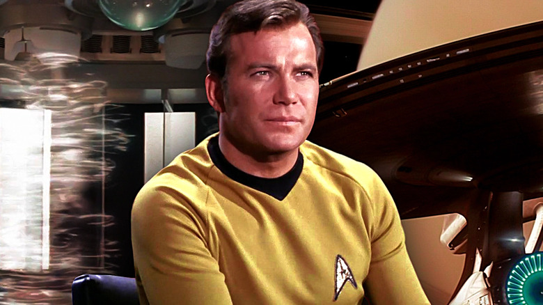 William Shatner as Captain Kirk, surrounded by ubiquitous Star Trek franchise elements