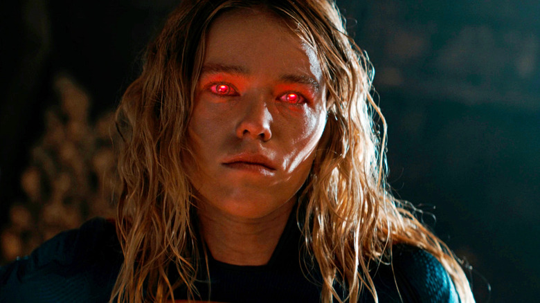 Milly Alcock as Supergirl with her glowing red eyes in Supergirl