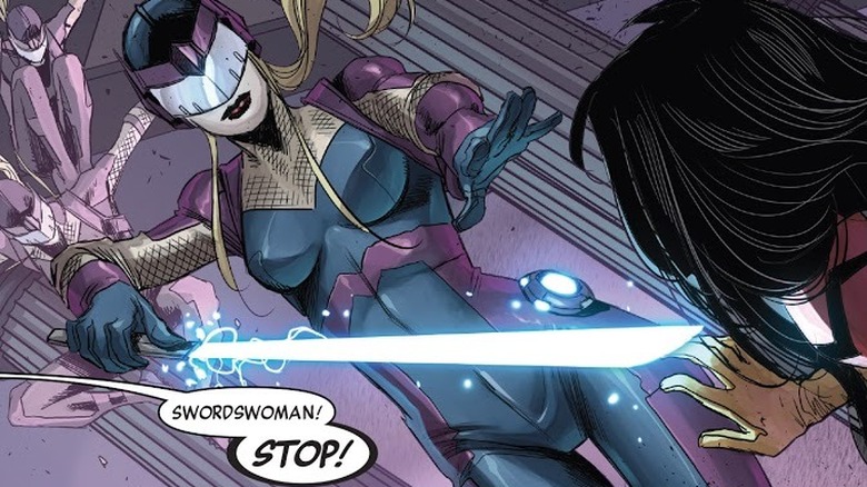 Swordswoman points blade at Spider-Woman Jessica Drew