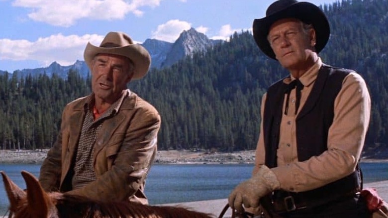 Randolph Scott as Gil Westrum and Joel McCrea as Steve Judd look comfortable in the saddle in Ride the High Country