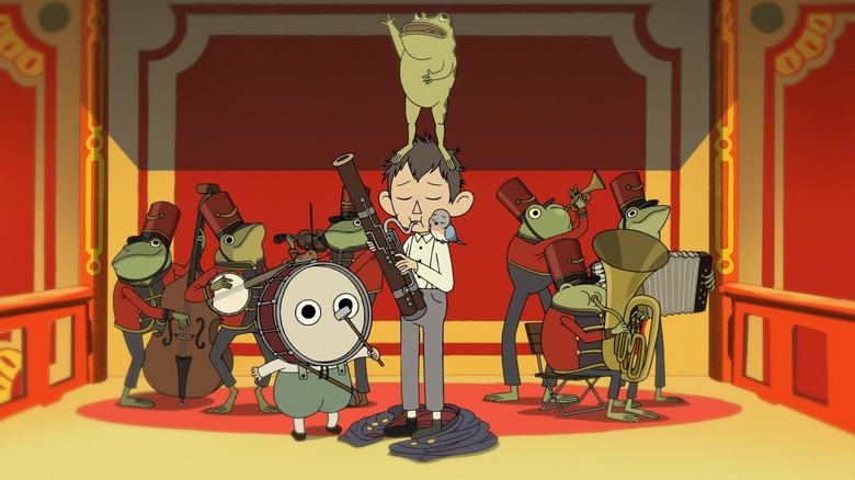 Greg and Wirt play in a band of frogs while a frog sings a song in Over the Garden Wall