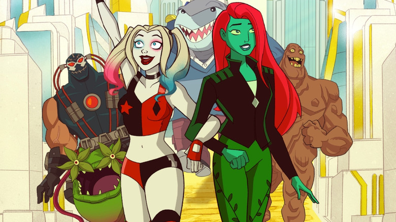 Kaley Cuoco like Harley Quinn, Lake Bell as poison Ivy, Alan Tudyk like Clayface, Ron Funches like King Shark, James Adomian like Bane and JB Smoove as Frank walks through Metropolis in the poster of season 5 for Harley Quinn