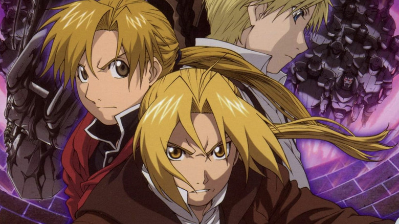 Fullmetal Alchemist Conqueror of Shamballa poster showing headshots of Edward Elric,  Alphonse Elric, and Alfons Heiderich