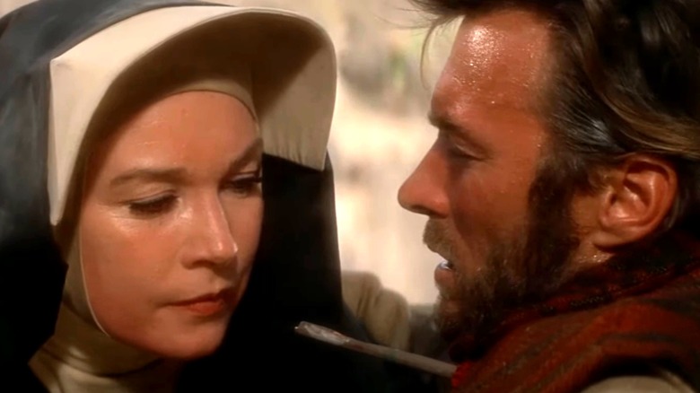 Clint Eastwood's Hogan comes face to face with Shirley Maclaine's Sara in Two Mules for Sister Sara