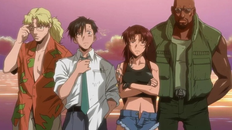 Benny, Rock, Revy, and Dutch standing together looking disheveled in Black Lagoon