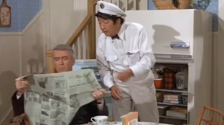 The Jimmy Stewart Show, James reading the newspaper while the milkman talks to him
