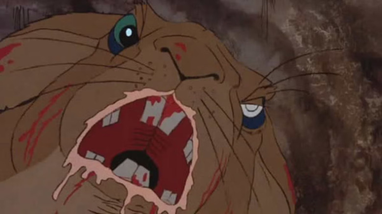 General Woundwort with a foaming mouth and blood splatters in Watership Down