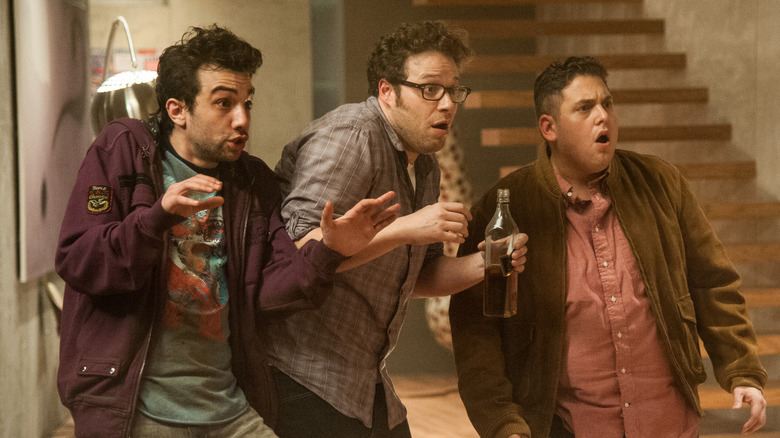 Jay Baruchel, Seth Rogen, and Jonah Hill in This Is The End.