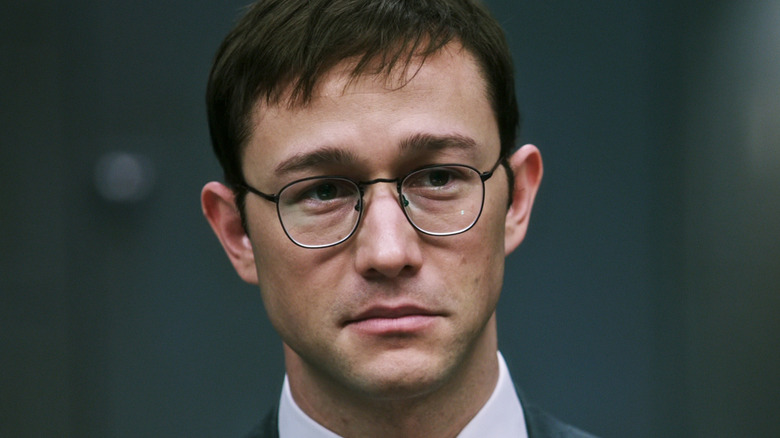 Joseph Gordon-Levitt's Edward Snowden is seen in closeup in Snowden