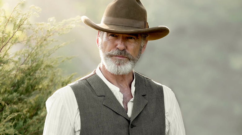 Pierce Brosnan's Eli McCullough wears a hat and stands in a field in The Son