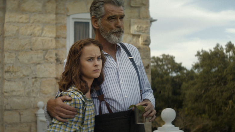 Pierce Brosnan's Eli McCullough hugs Sydney Lucas's Jeannie McCullough in The Son