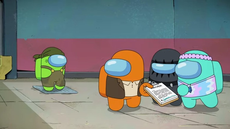 Lime standing on a vent, with Orange handing out a waiver to Black and Cyan, on Among Us