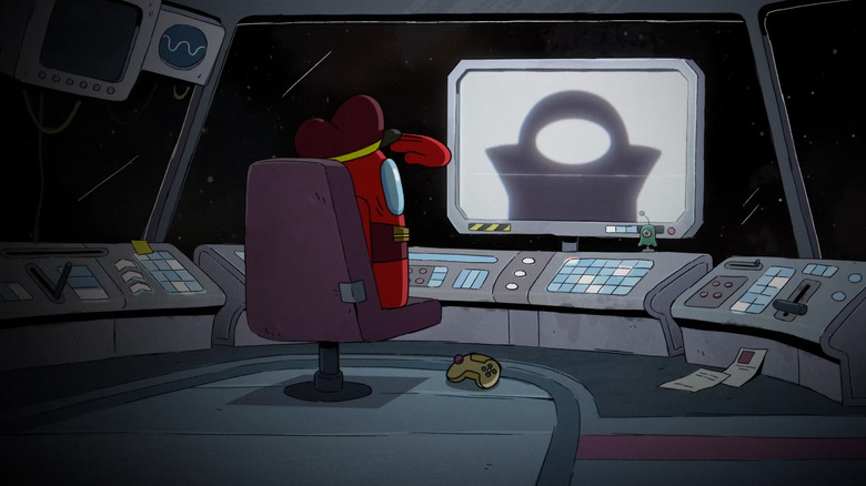 Red saluting his Mira boss on a screen in the cockpit of the Skeld on Among Us