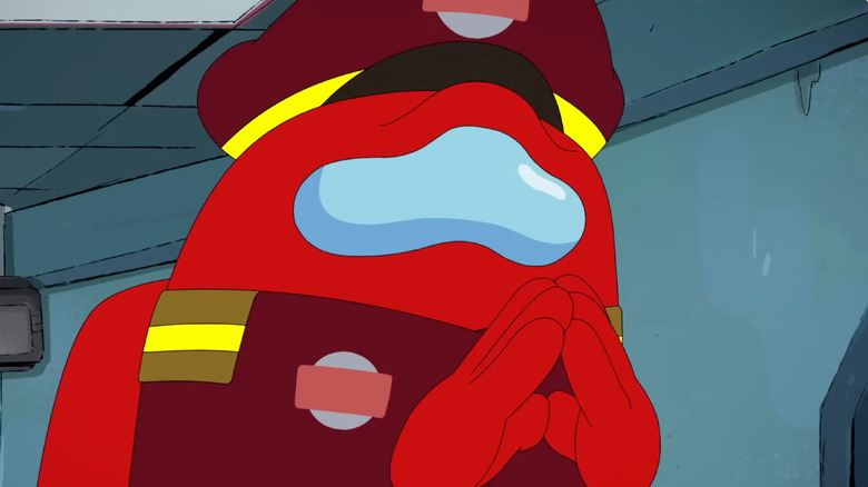 Red putting their hands together in concern in Among Us