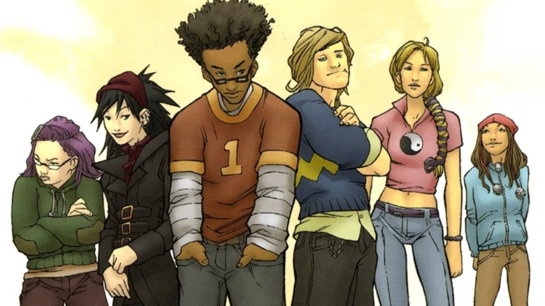 Runaways Complete Collection volume #1 cover: Gertrude, Nico, Alex, Chase, Karolina, and Molly