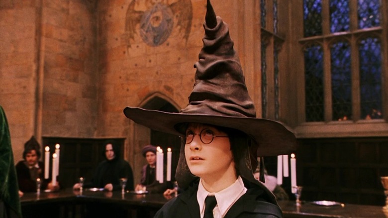 Harry Potter wearing the Sorting Hat in Harry Potter and the Sorcerer's Stone