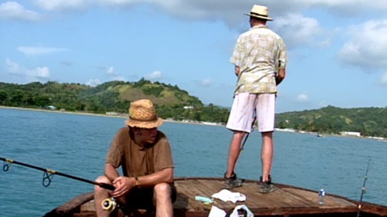 John Lurie and Tom Waits fishing on a boat in Fishing with John