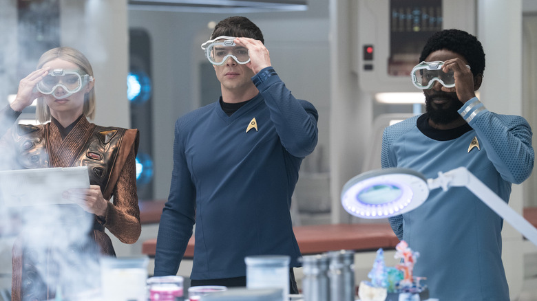 Nurse Chapel, Spock, and Dr. M'Benga wearing goggles in Star Trek: Strange New Worlds