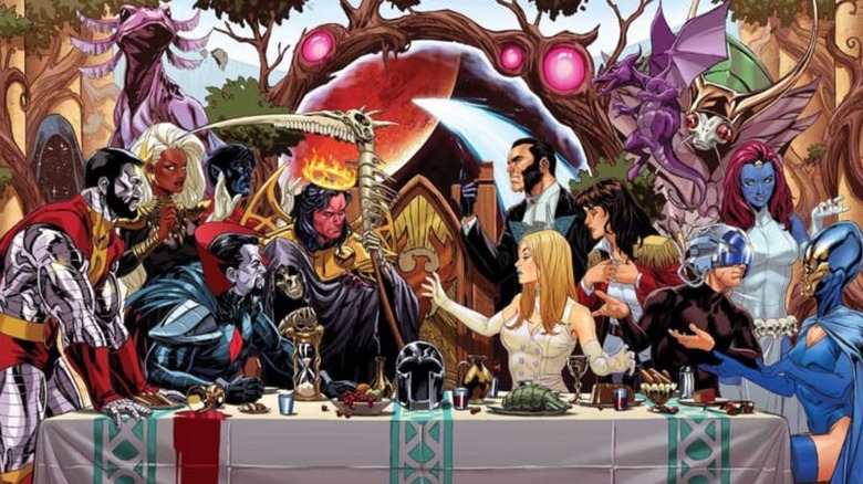 Immortal X-Men #1 joined cover showing the Quiet Council of Krakoa: Colossus, Storm, Nightcrawler, Sinister with Msitress Death, Exodus, Sebastian Shaw, Emma Frost, Kate Pryde, Professor X, Mystique, and Destiny