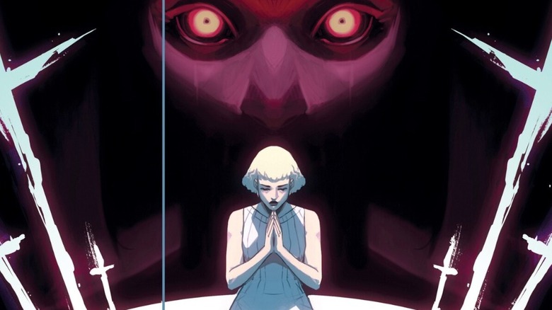 The Power Fantasy #8 cover - Eliza Hellbound's past self praying as her future demon self looks over her