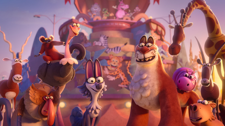 नाईट ऑफ द झूपोकॅलिप्समध्ये मनोरंजन पार्क सारख्या प्राणीसंग्रहालयासमोर प्राण्यांचा समूह