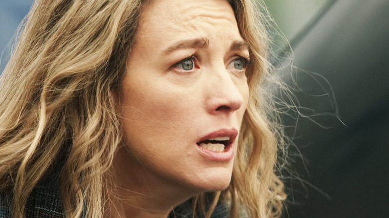 Natalie Zea's Eve Harris looks worried in closeup in La Brea