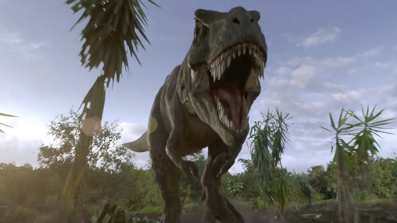 A T. rex roars in closeup in La Brea