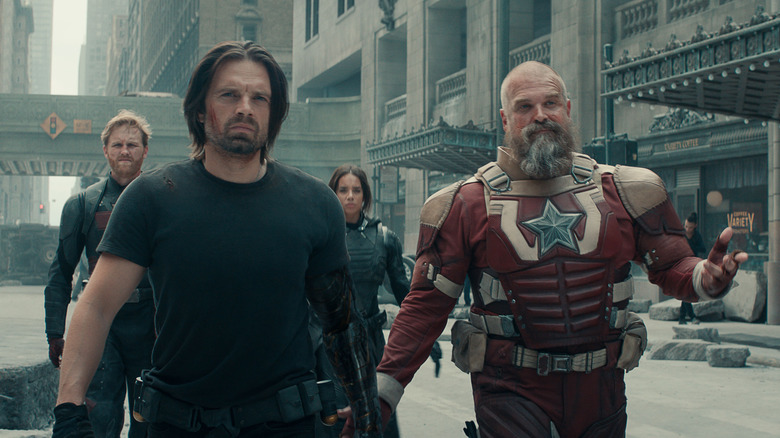 Bucky and Red Guardian argue on the streets of New York in Andor