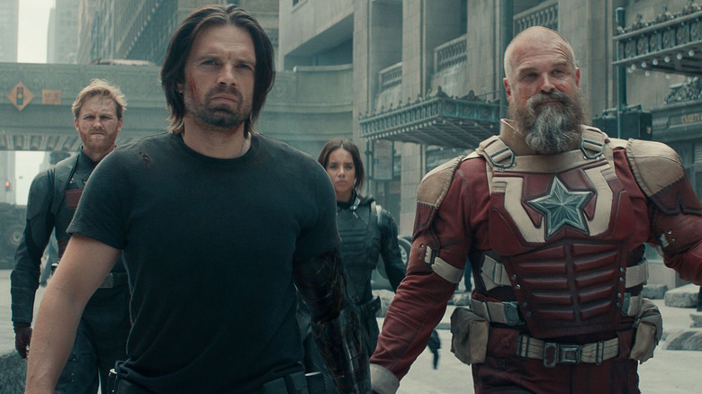 John Walker, Bucky, Ghost, and Red Guardian stand around in Thunderbolts