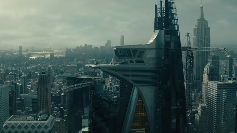 A shot of a helicopter on the Avengers Tower in "The Avengers"