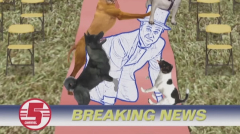 Tim Heidecker kneels with dogs around him in Tom Goes to the Mayor