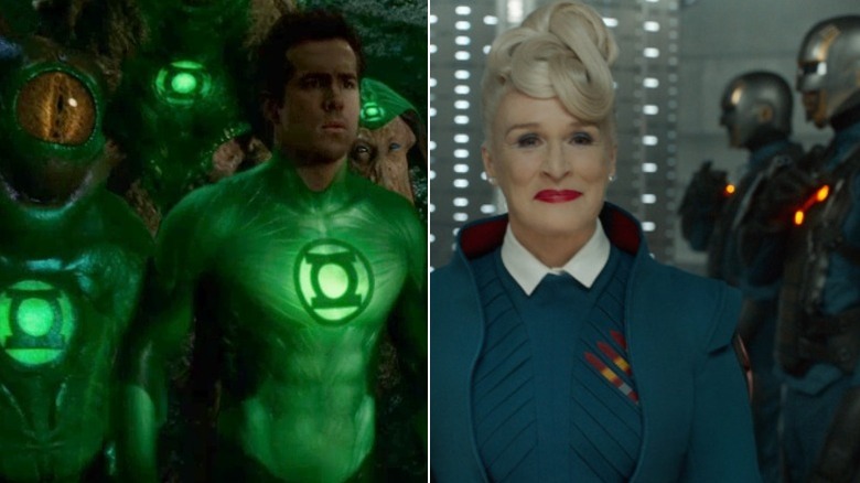 Hal Jordan (Ryan Reynolds) standing amongst Green Lantern Corps in Green Lantern and Nova Prime (Glenn Close) leading Nova Corps in Guardians of the Galaxy