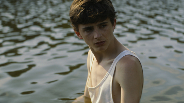 Timothée Chalamet as Zac standing next to a lake in One & Two