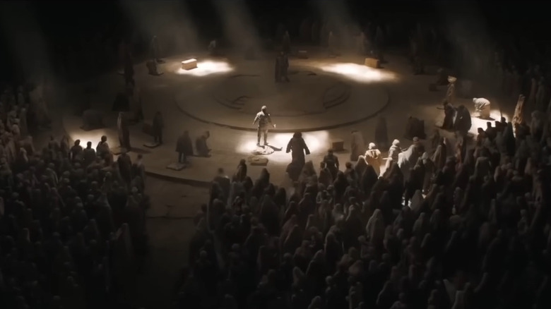 A backed out shot of the Fremen crowd in Dune: Part Two