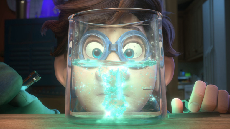 Tom Holland's Walter Beckett peers through a beaker in Spies in Disguise