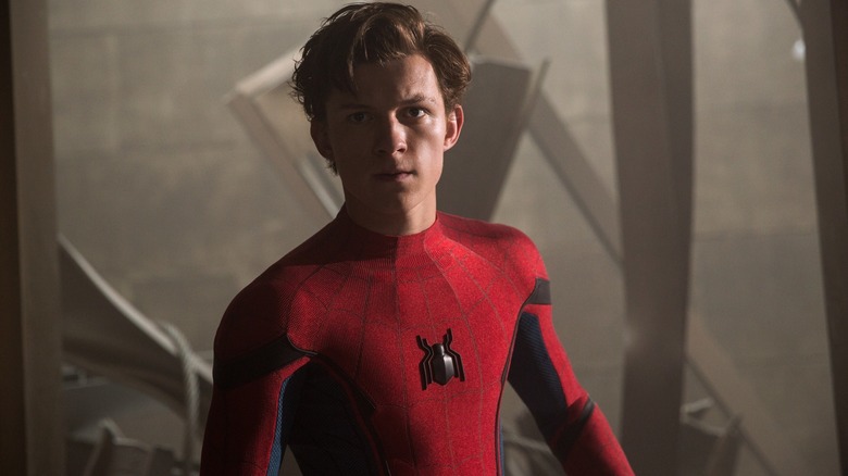 Peter in his Spider-Man suit looking intense in Spider-Man: Homecoming