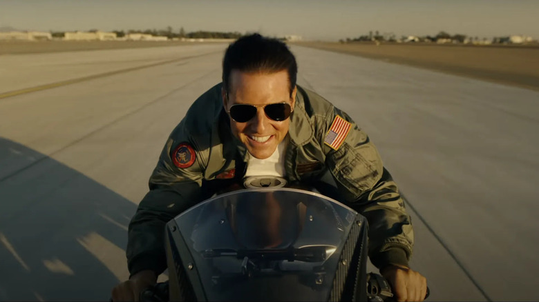Captain Mitchell riding his motorcycle in Top Gun: Maverick