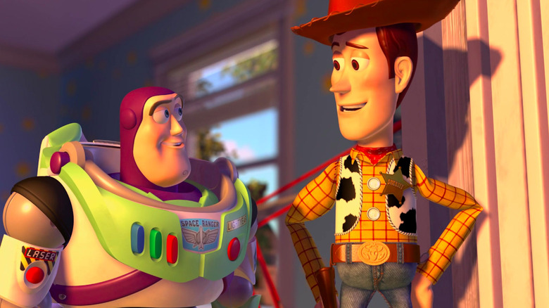 Buzz Lightyear and Woody talk while looking out the window in Toy Story 2