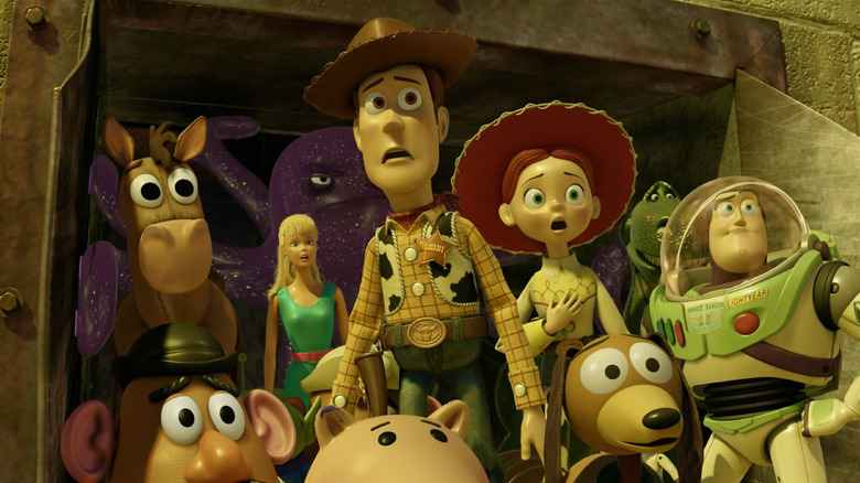 Woody and the gang looking scared in Toy Story 3
