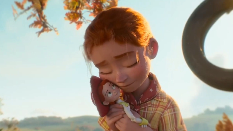 Toy Story 5 flashback - Emily holding Jessie by tire swing