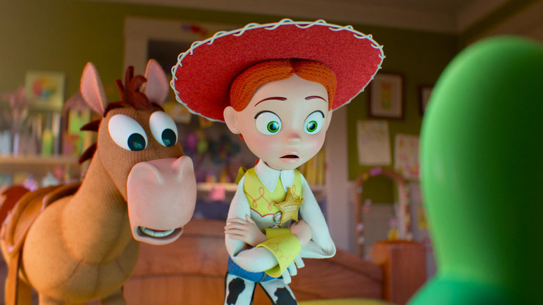 Jessie and Bullseye look into Lilypad with concern in Toy Story 5