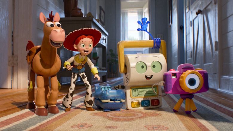 Jessie, Bullseye, Atlas, Mr. Smarty Pants, and Snappy in the hallway in Toy Story 5