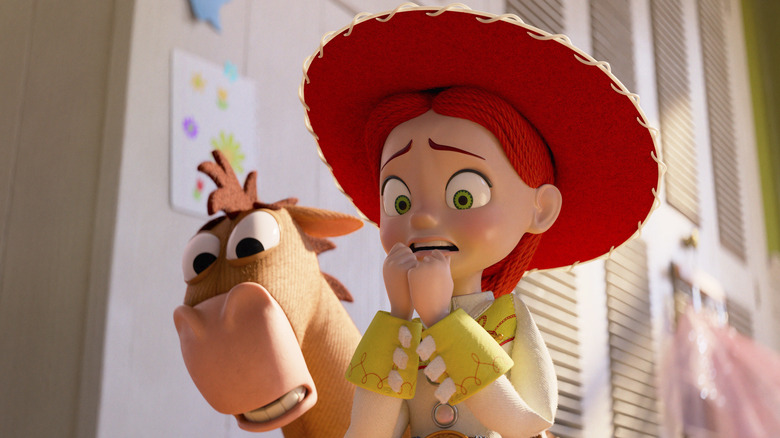 Jessie and Bullseye look horrified in Bonnie's room in Toy Story 5