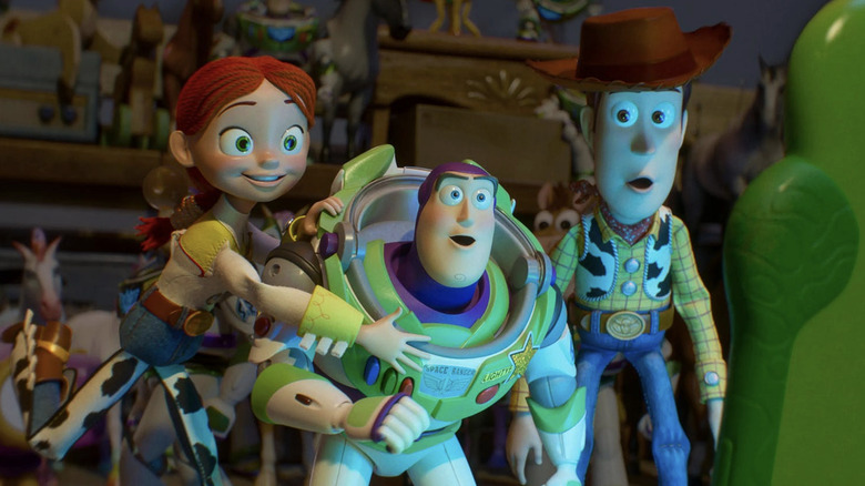 Woody, Buzz, and Jessie examining the Lilypad in Toy Story 5