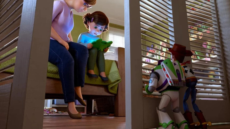 Buzz and Woody watching Bonnie play on her tablet in Toy Story 5