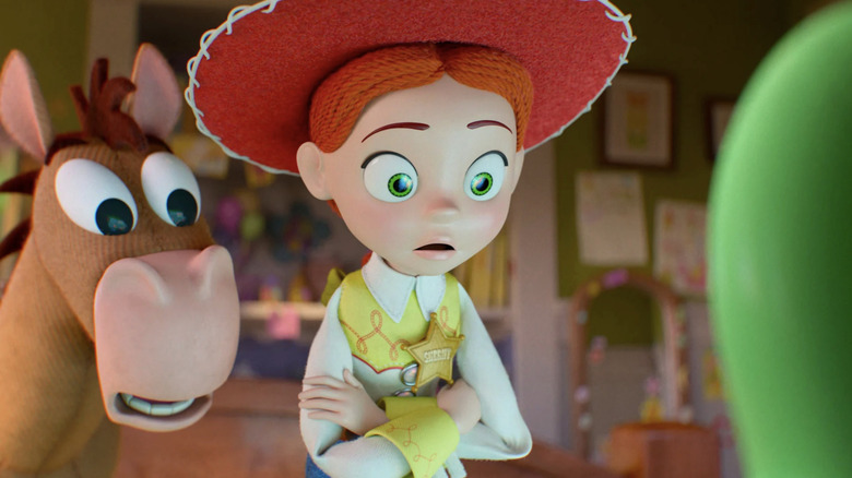 Jessie and Bullseye look in awe at Lilypad in Bonnie's room in Toy Story 5
